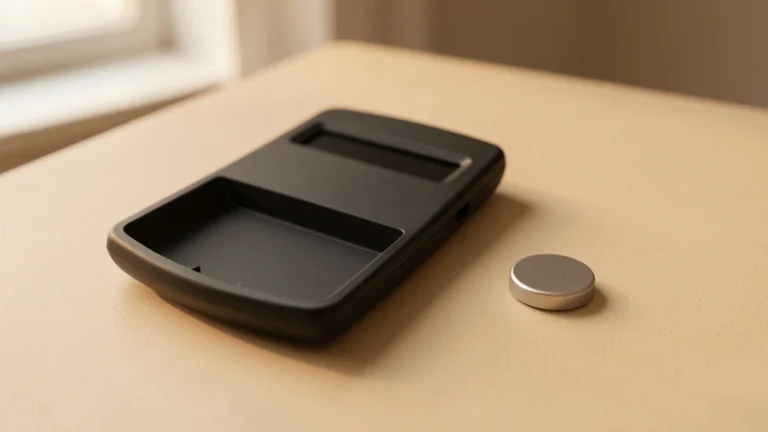 A handheld scientific calculator lying on a plain desk with its battery compartment open, no text, no numbers, no real person's hands or face