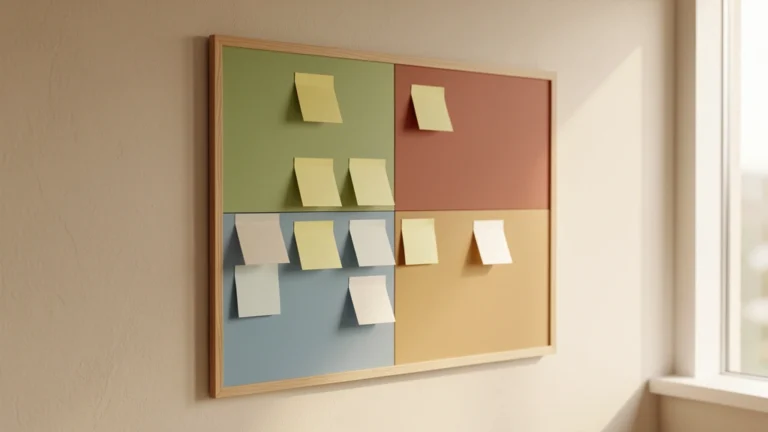 Wall planner board split into four colored blocks with blank sticky notes