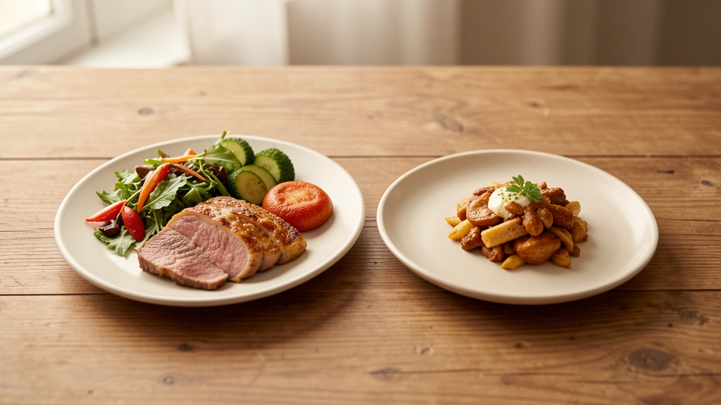 Two visually distinct meal-portion plates side by side on a neutral table surface, one plate holding a noticeably larger portion and the other a smaller portion, suggesting alternating higher and lower calorie days, photorealistic editorial still life, no text or numbers in the image, no real faces or people
