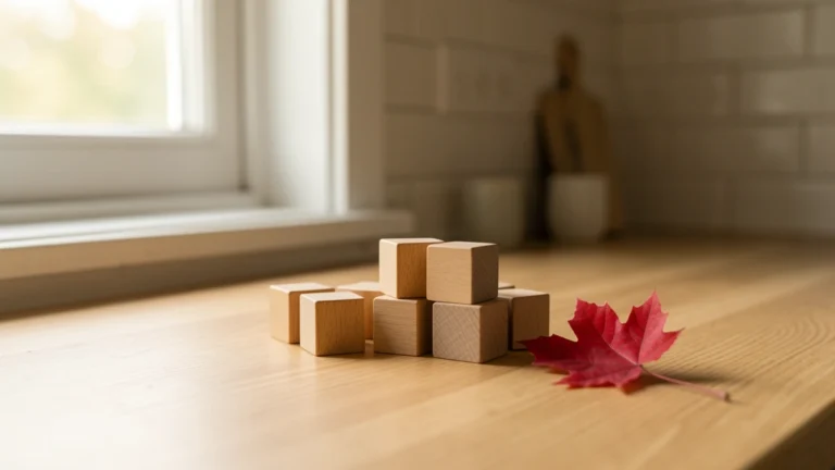 Wooden toy blocks and a red maple leaf on a kitchen table