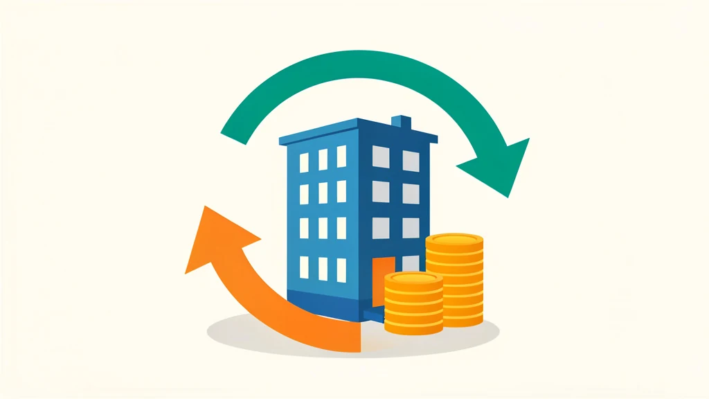 Small apartment building beside a simple percentage gauge showing yearly rental return rate, no people, no text