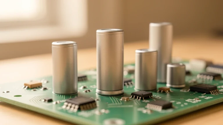 Cylindrical capacitors of different sizes standing on a green circuit board