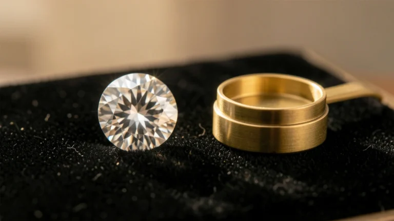 Round brilliant cut diamond on black velvet beside a small brass jeweler's pan