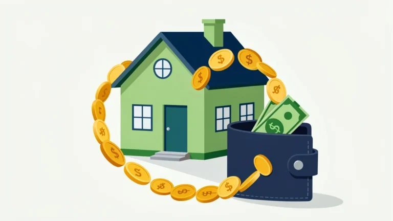 Flat illustration of a house with coins flowing back as a yearly percentage return, clean concept, no people, no text