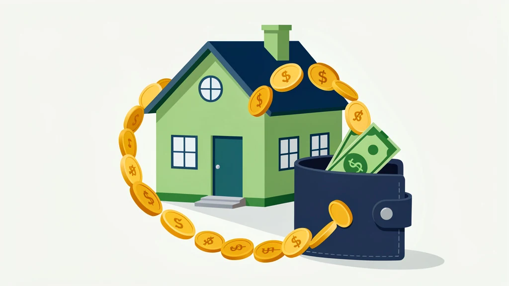 Flat illustration of a house with coins flowing back as a yearly percentage return, clean concept, no people, no text
