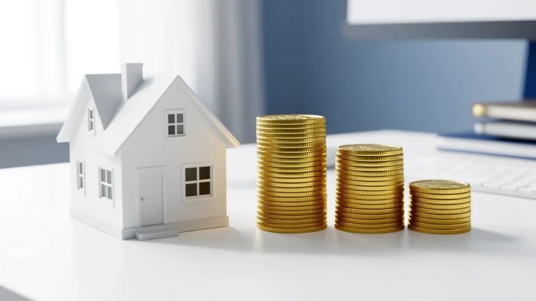 Miniature house beside three separate stacks of gold coins representing cash-out refinance, HELOC, and home equity loan options