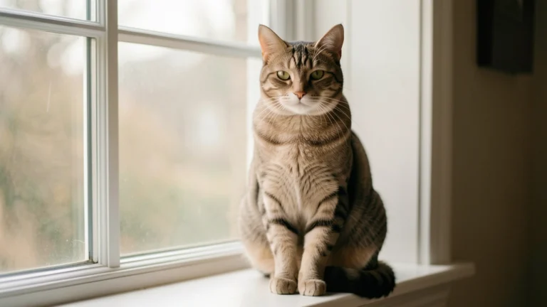 Illustrated house cat shown at kitten, adult, and senior life stages side by side with a soft age-progression curve, no text, no real animal photo