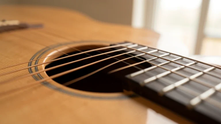 Close-up of the strings and fretboard of an acoustic guitar near the soundhole