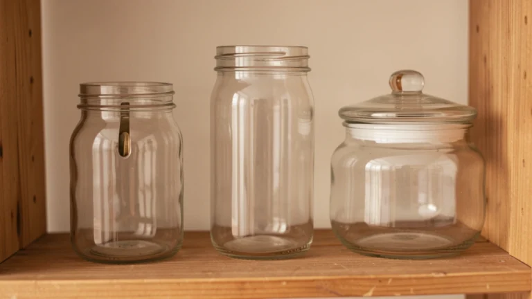 Three distinct glass jars of different shapes sit side by side, one with a narrow coin slot for everyday spending, one taller jar for steady saved growth, one wider jar with a raised lid for a bigger reserved cushion, soft warm lighting, no text, no numbers, no people