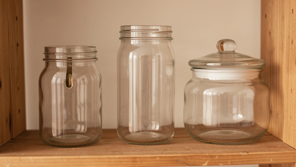 Three distinct glass jars of different shapes sit side by side, one with a narrow coin slot for everyday spending, one taller jar for steady saved growth, one wider jar with a raised lid for a bigger reserved cushion, soft warm lighting, no text, no numbers, no people
