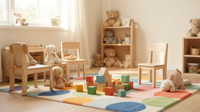 Bright daycare playroom with small chairs, soft toys and blocks on a rug