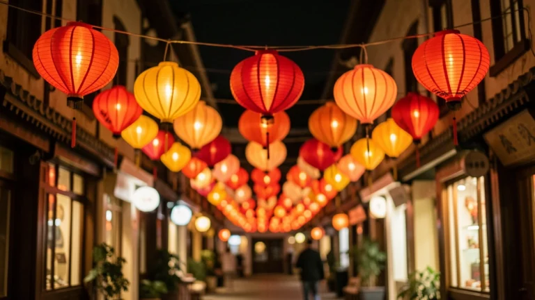 Red paper lanterns glowing over a festive street at night