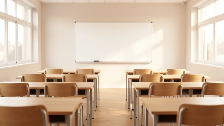 Empty classroom with rows of desks and a blank whiteboard