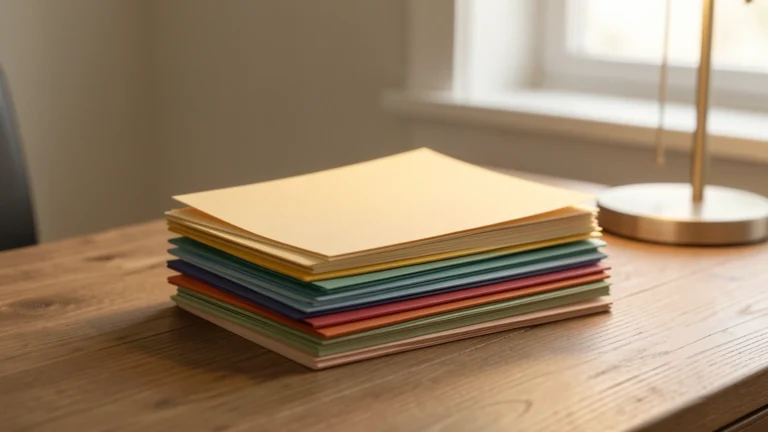 A small stack of paper folders and envelopes in different colors, fanned out on a plain surface, suggesting itemized closing cost categories, no faces or people, no text, numbers, or dollar signs, photorealistic editorial still-life style