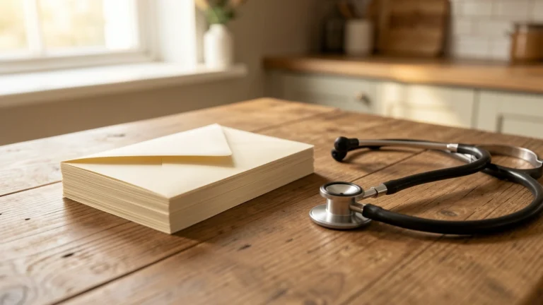 Stack of envelopes and a stethoscope on a wooden kitchen table