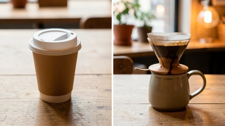 A coffee shop cup and a home brewed cup shown side by side on a simple scale, home cup side weighted toward savings, no text in image, no real person's face