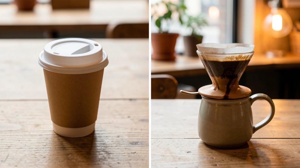 A coffee shop cup and a home brewed cup shown side by side on a simple scale, home cup side weighted toward savings, no text in image, no real person's face