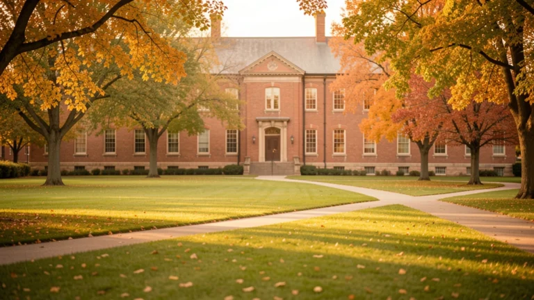University lawn and brick building framed by autumn trees