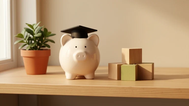 Piggy bank wearing a small graduation cap on a wooden shelf