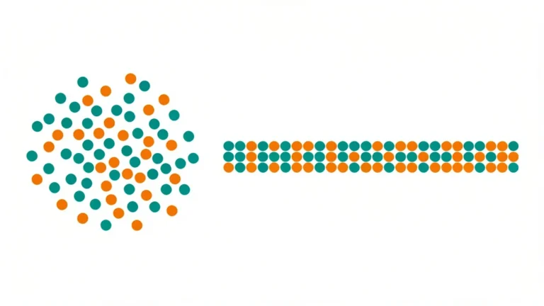 Two labeled groups of simple dots, one arranged in order and one grouped freely, no text, no people