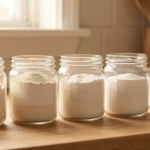 A small kitchen counter scene with a measuring cup, a jar of baking soda, and a jar of baking powder arranged near a mixing bowl, no text, no numbers, no real person's hands or face