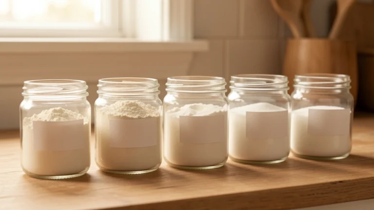 A small kitchen counter scene with a measuring cup, a jar of baking soda, and a jar of baking powder arranged near a mixing bowl, no text, no numbers, no real person's hands or face