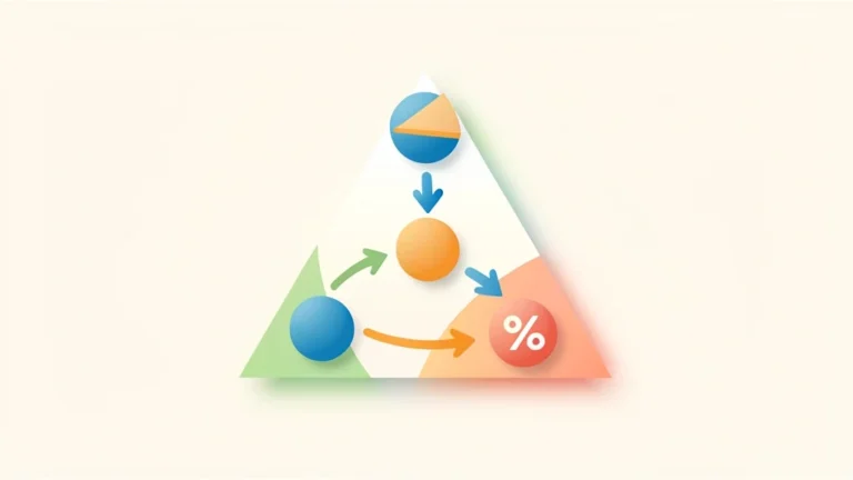 Colorful conversion map linking a fraction, a decimal, and a percentage with arrows showing each math operation, no people, no text