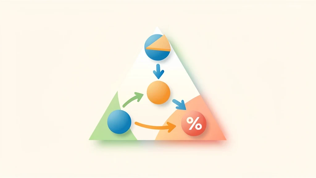 Colorful conversion map linking a fraction, a decimal, and a percentage with arrows showing each math operation, no people, no text