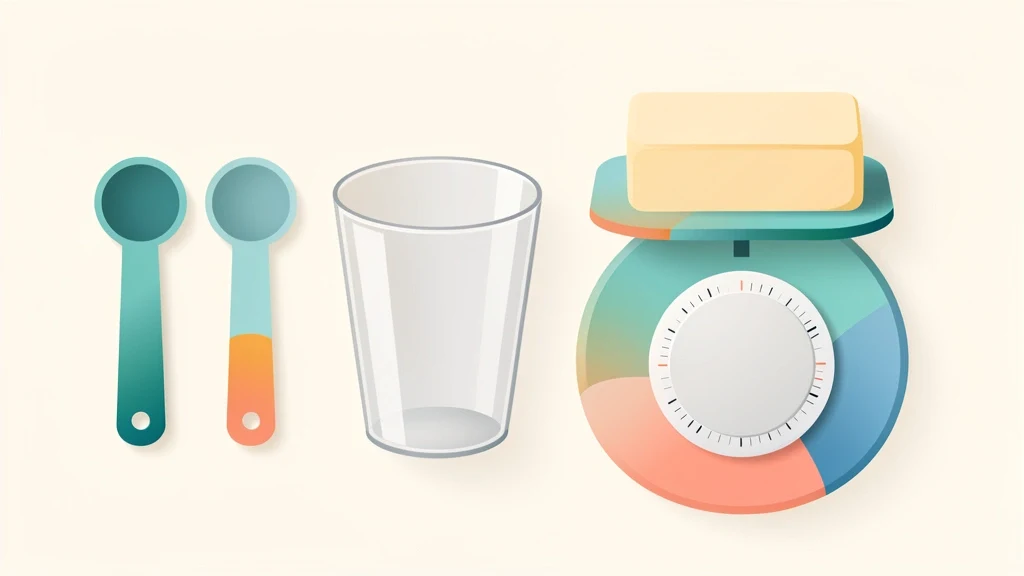 Neat kitchen counter with measuring spoons, glass cup, and a scale beside butter, showing common cooking conversions, no text