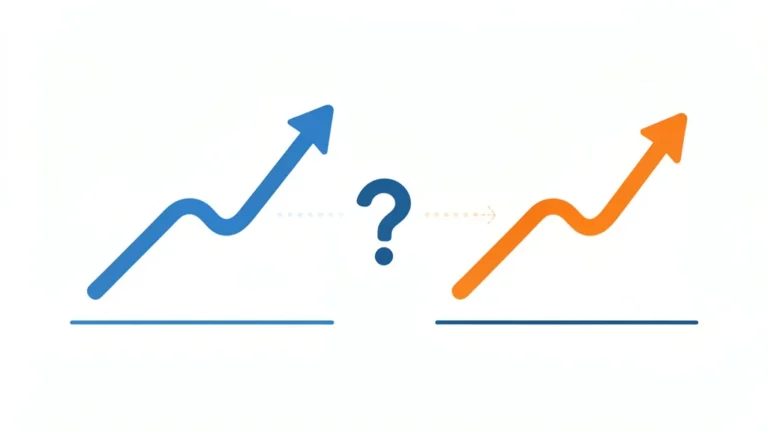 Two rising line charts connected by a faint arrow and a question mark, clean flat style, no people