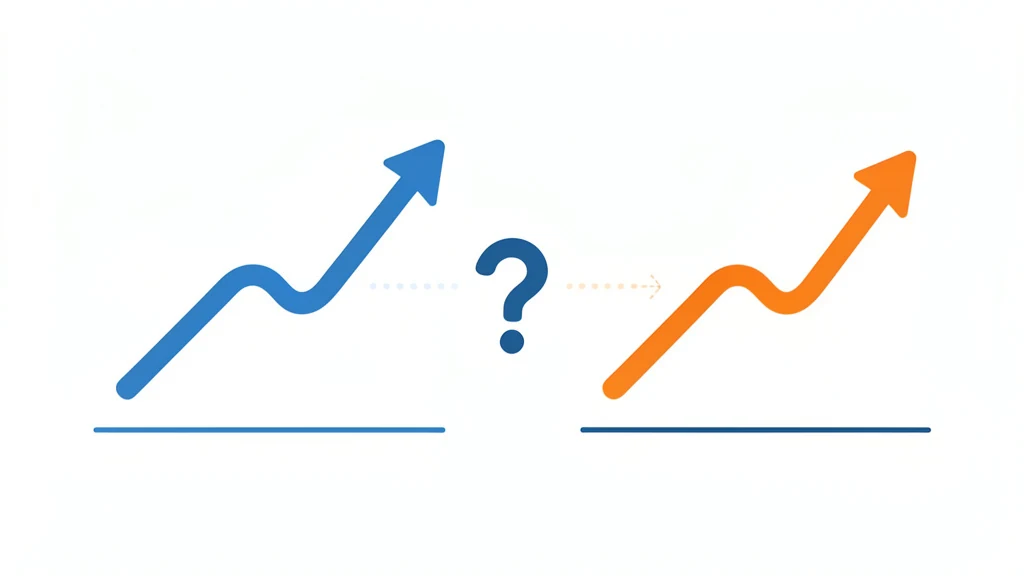 Two rising line charts connected by a faint arrow and a question mark, clean flat style, no people