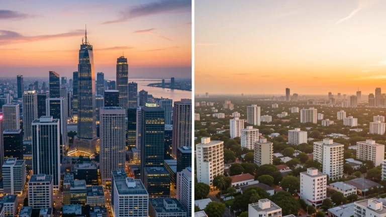 A person comparing two city skylines on a map, one with taller denser buildings and a higher price tag icon, weighing a job offer between them, no text, no real person's face