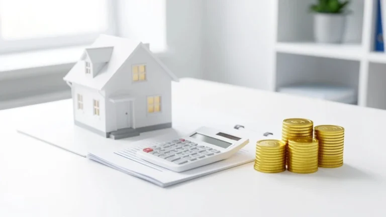 Miniature house beside a calculator, a folded document, and stacks of gold coins, representing the cost to refinance a mortgage