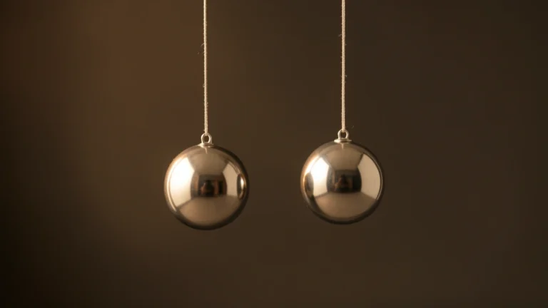 Two shiny metal spheres hanging side by side from thin threads against a dark background