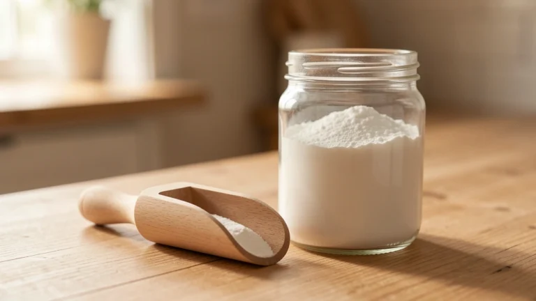 A small plain scoop of white powder resting beside a plain glass jar, no text, no labels, no real person's face