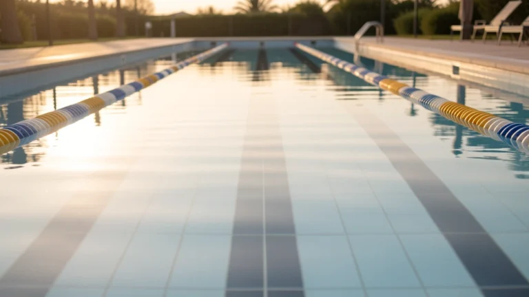 An empty lane of an indoor swimming pool with lane ropes and a pace clock on the wall at the far end