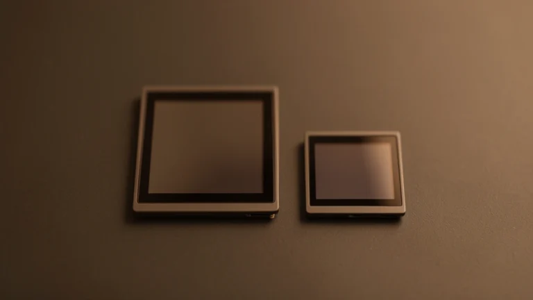Two bare camera image sensors of different sizes side by side on a dark table, the larger one about one and a half times wider