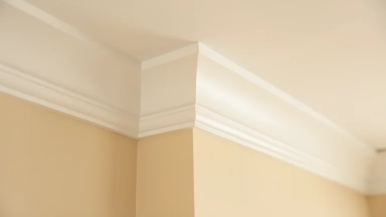 Length of white crown molding lying flat on a compound miter saw with the blade tilted and the table turned for a corner cut