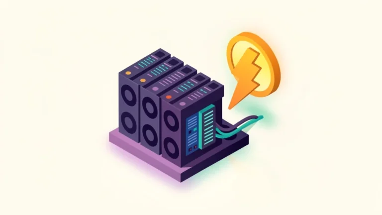 Clean illustration of a crypto mining rig beside a profit formula with power and coin icons, no text, no people