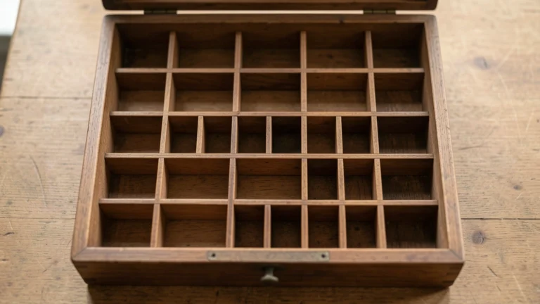 Empty antique wooden letterpress type case with compartments of different sizes