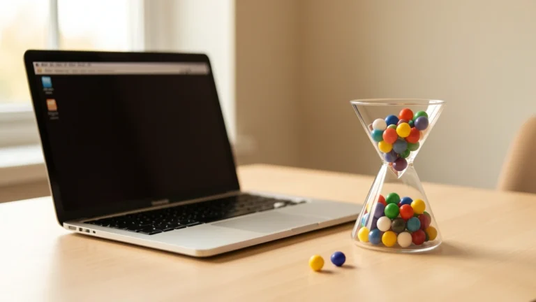 Laptop beside an hourglass-shaped glass jar of colorful marbles, with two marbles out on the desk
