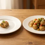 Two mirrored plates of food on a plain table, one plate with a slightly smaller portion and one plate with a slightly larger portion, no text, no people, editorial still-life style