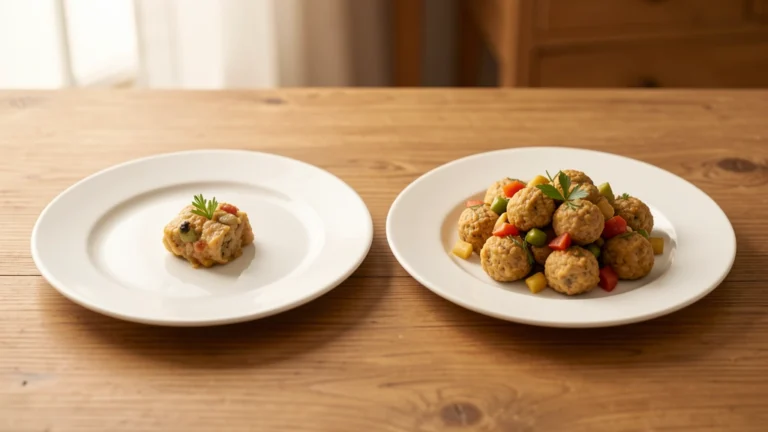 Two mirrored plates of food on a plain table, one plate with a slightly smaller portion and one plate with a slightly larger portion, no text, no people, editorial still-life style