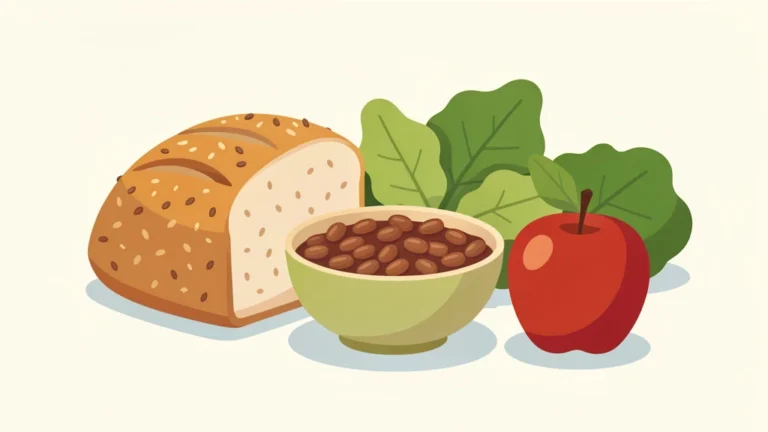 A calm arrangement of whole grains, beans, apples, and leafy vegetables representing daily fiber sources, no text, no people