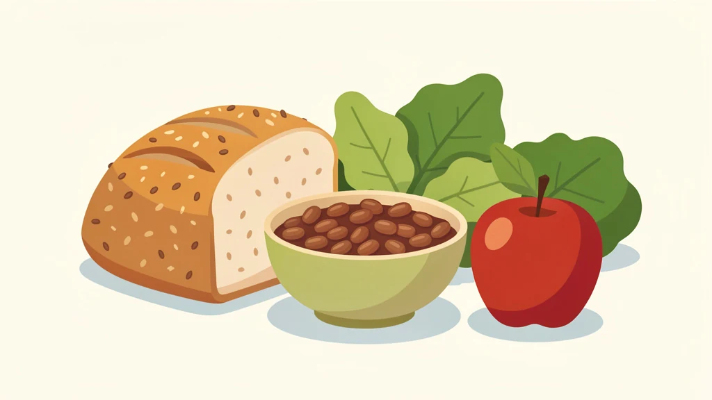 A calm arrangement of whole grains, beans, apples, and leafy vegetables representing daily fiber sources, no text, no people