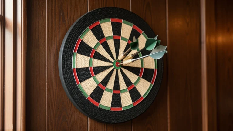 Dartboard with three darts near the bullseye on a dark wooden wall