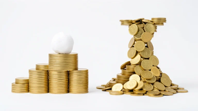 Two diverging paths made of coin stacks, one clearing the tallest pile first and one clearing the shortest pile first, representing the debt avalanche versus the debt snowball, no text in image