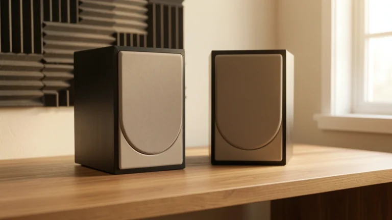 A pair of studio monitor speakers on a wooden desk in a home recording room with acoustic foam panels on the wall