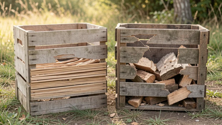 Two identical wooden crates weathering side by side, one peeling away in equal even strips to show steady wear, the other losing large chunks early and thin slivers later to show fast initial wear, no text, no numbers, no people