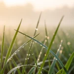 Morning dew drops forming on green grass blades with low mist hanging over a field at dawn